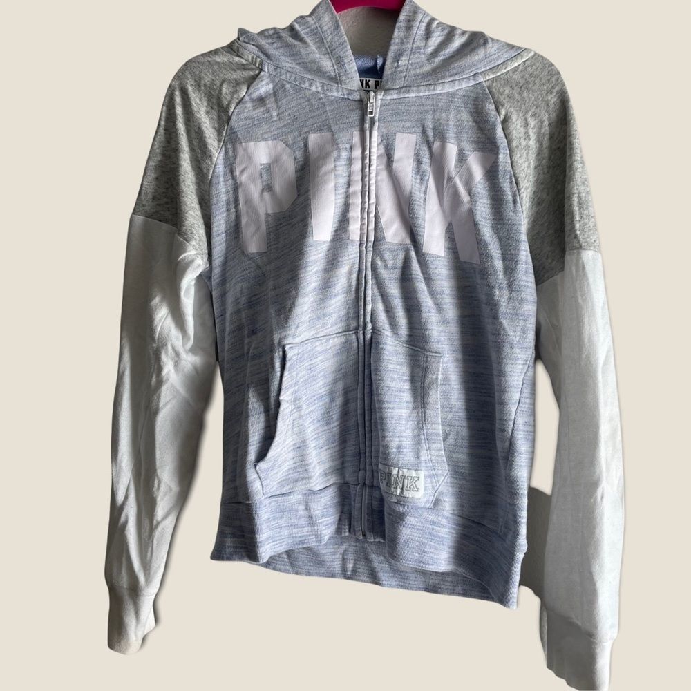 Victorias Secret PINK Hoodie, gray, white and blue color block style. Cozy ☺️